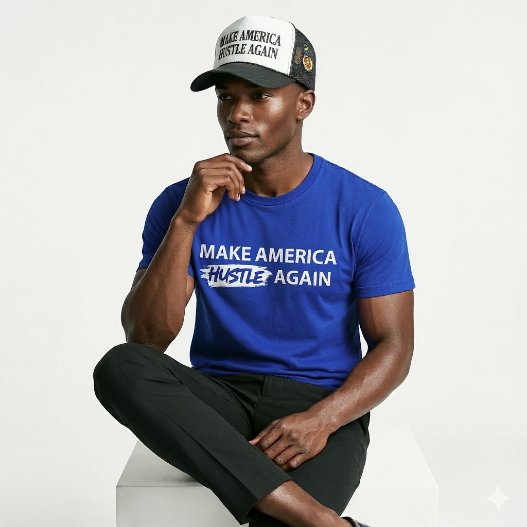 MAHA Make America Hustle Again blue colorway t-shirt with trucker hat