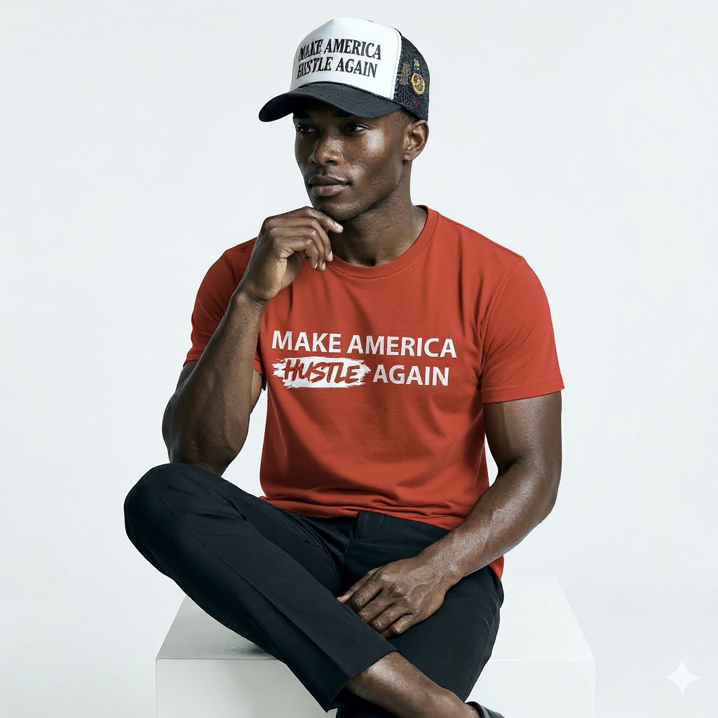 MAHA Make America Hustle Again red colorway t-shirt with trucker hat