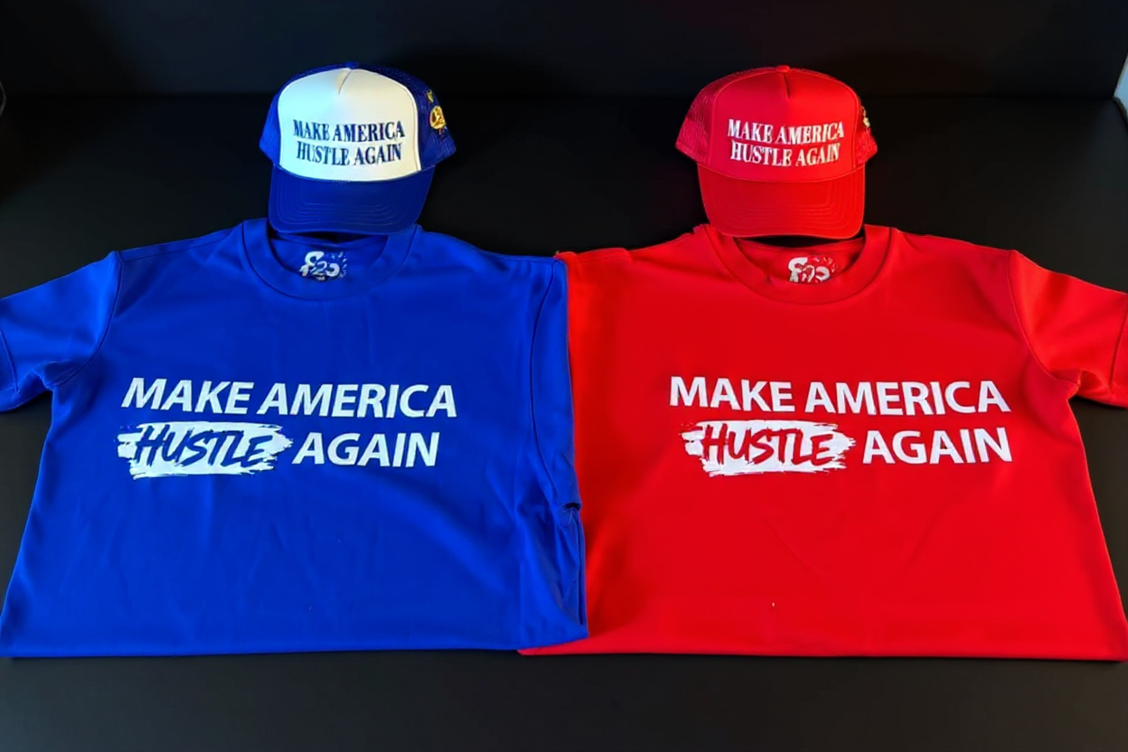 Make America Hustle Again red and blue tees with matching trucker hats